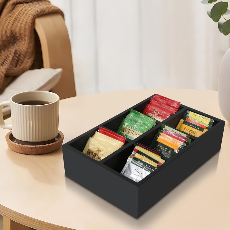 HymoConn Tea Bag Box Wood Black 6 Compartments Tea Bag Organizer Drawer Storage, Large Capacity Sugar Packet Holder for Coffee Station,Sweeteners, Condiment Organizer - Image 2